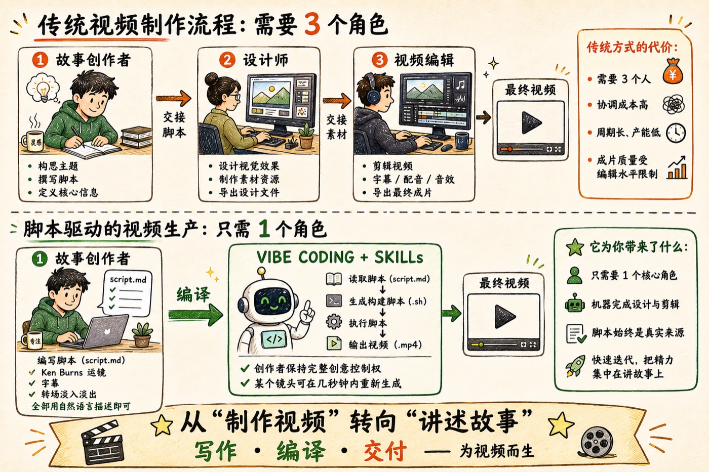 传统视频制作需要三个角色——编剧、设计师、剪辑师；而在这套流程里，创作者负责创造力想象力，其余交给机器。