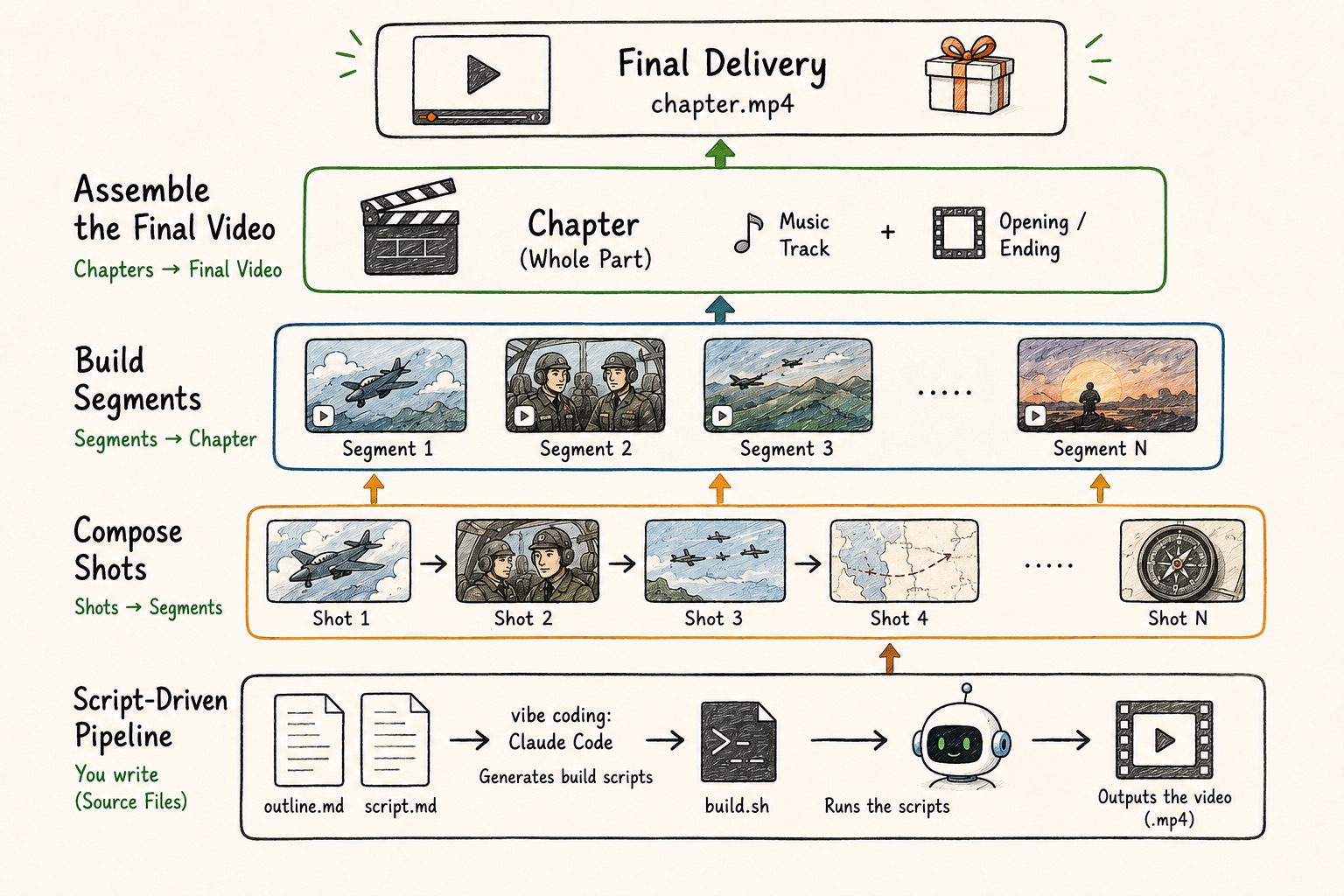 Bottom-up build pipeline: you write outline.md and script.md; vibe coding (Claude Code) generates the build scripts; shots compose into segments, segments into the chapter, and the chapter ships as chapter.mp4 — with a music bed and opening/ending.