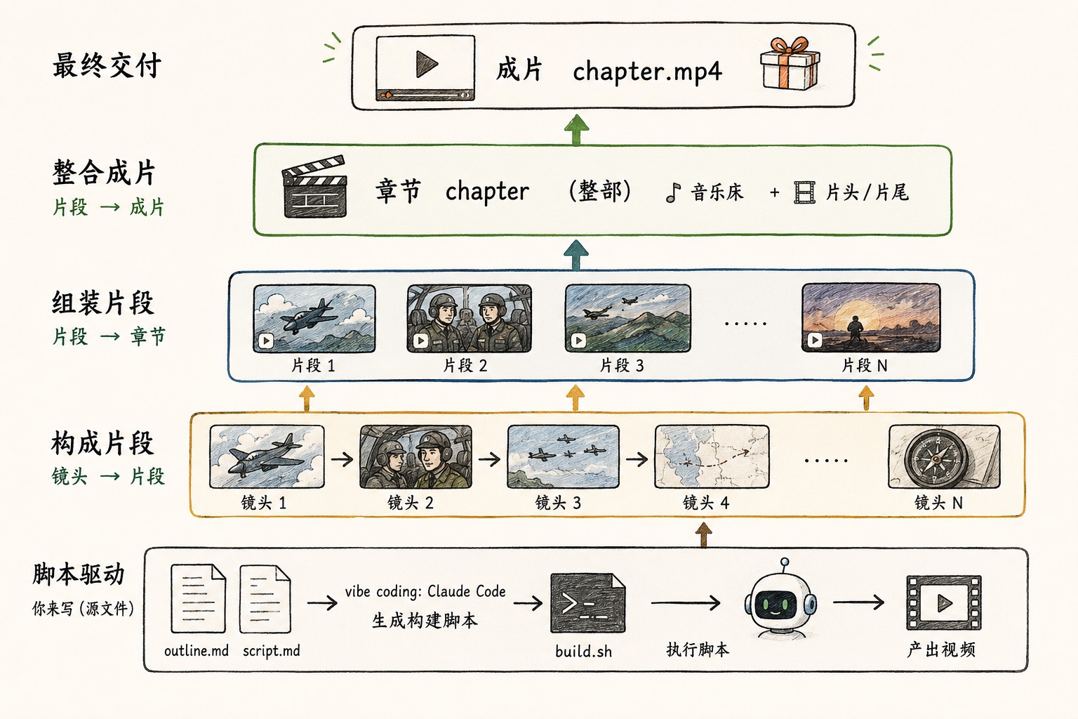 自底向上的构建流水线：你写 outline.md 和 script.md，vibe coding（Claude Code）生成构建脚本；镜头组成片段，片段组成章节，章节交付为 chapter.mp4——配上音乐床与片头/片尾。